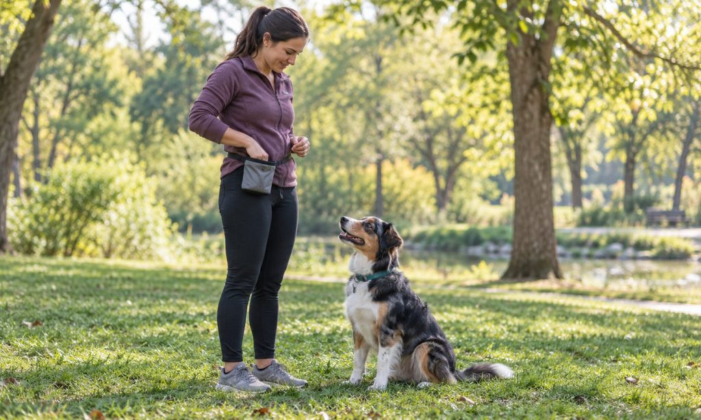 A dog looks up at its handler reaching into a waist treat pouch during outdoor training