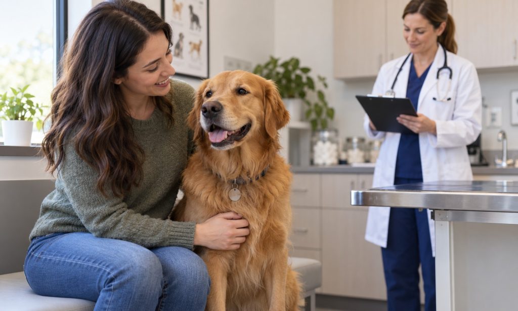 Calm dog sitting beside its owner during a veterinary wellness visit