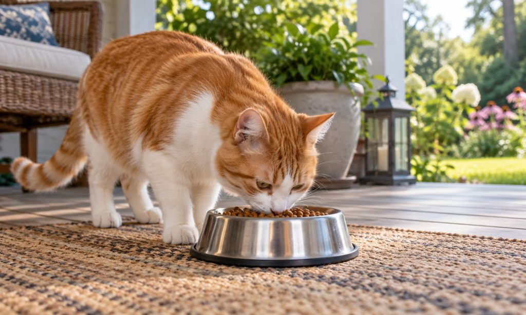 An orange-and-white adult cat eating kibble on a sheltered porch