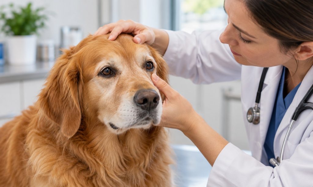 Veterinarian gently checking a calm dog's eyes