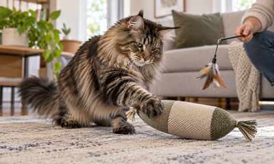 Large tabby cat batting a sturdy fabric kicker toy during supervised play