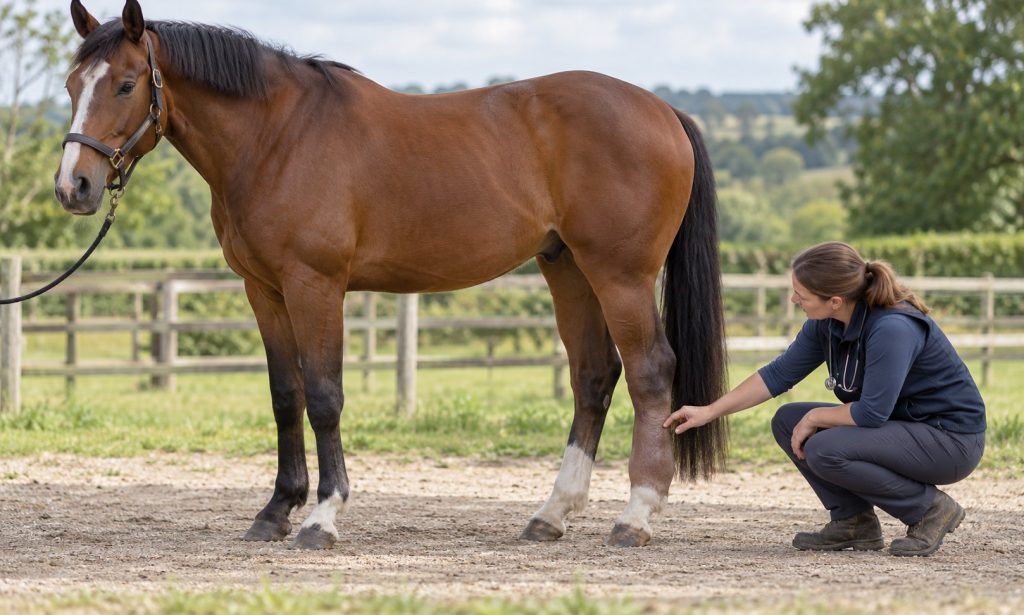 Veterinarian examining a horse’s mildly swollen lower leg