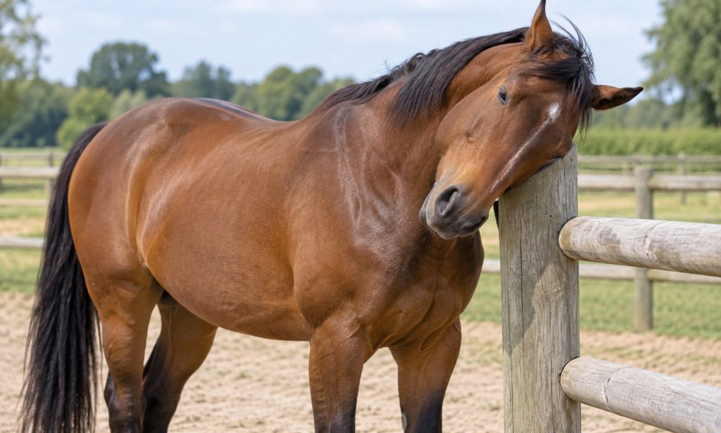 Horse gently rubbing its neck on a fence, an early sign of itchy skin