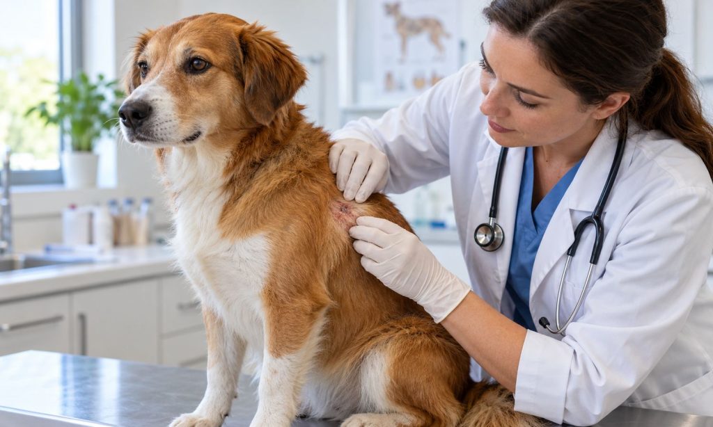 A veterinarian gently checks a calm dog's skin for irritation