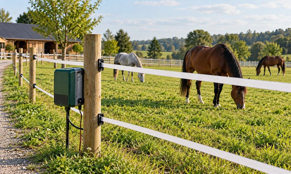 Horses grazing behind a visible electric tape fence with charger mounted outside