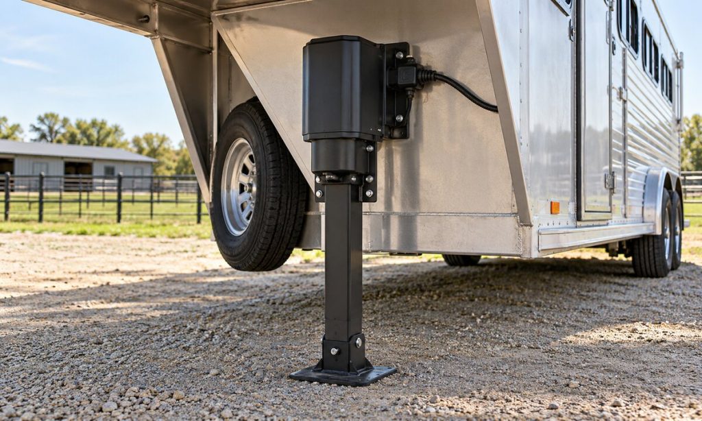 An electric landing jack on a stationary gooseneck horse trailer