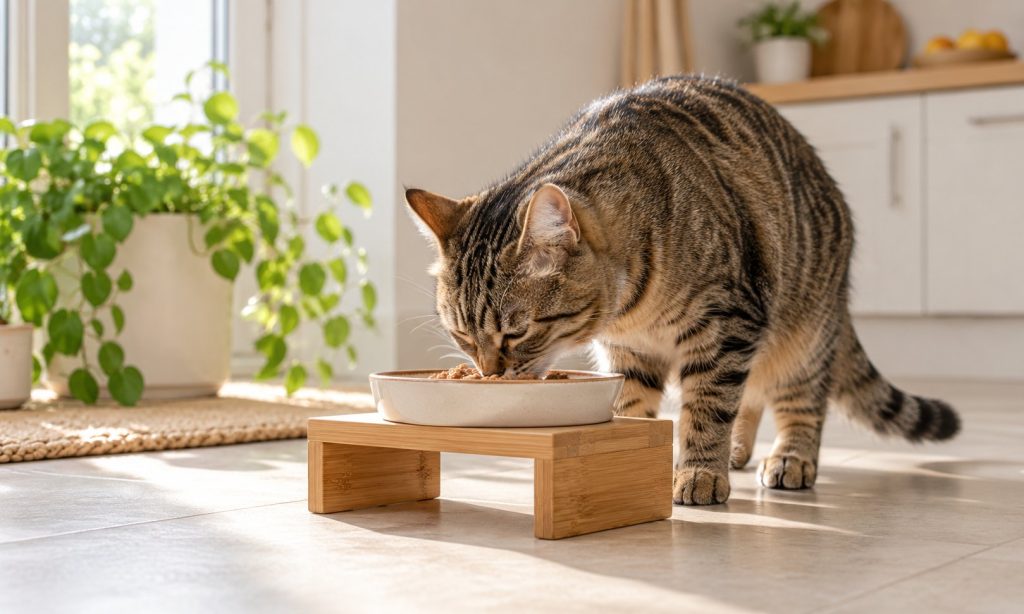 Tabby cat eating from a shallow ceramic bowl on a low wooden riser
