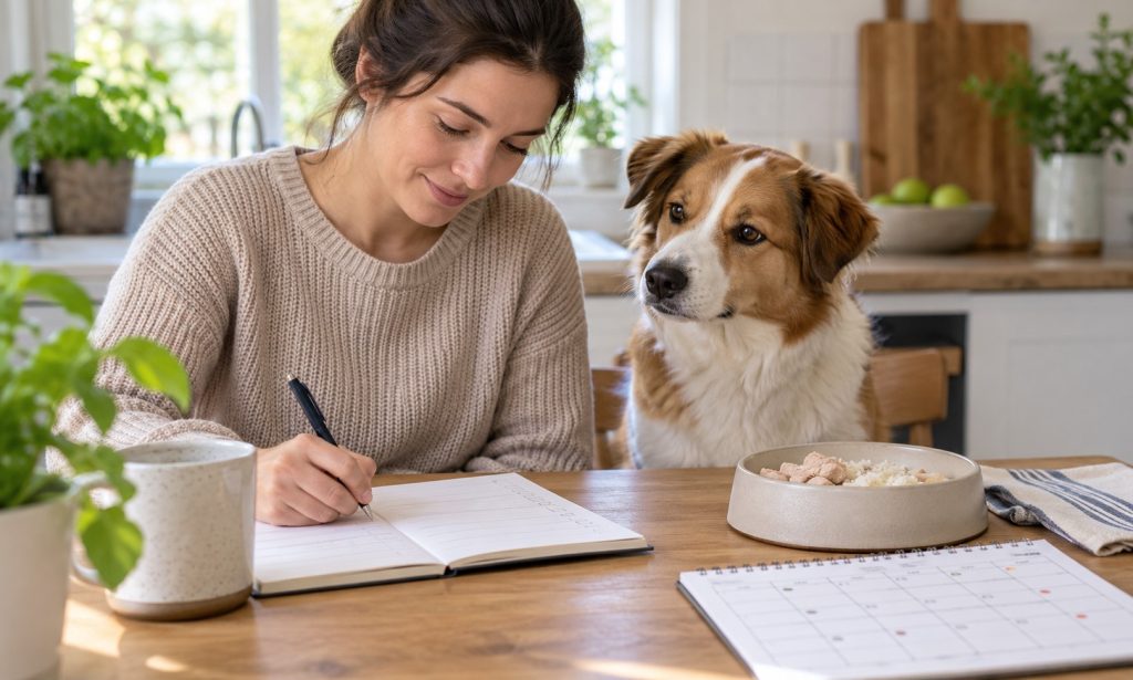 Caregiver recording food intake and skin symptoms for a dog’s veterinarian-guided diet trial