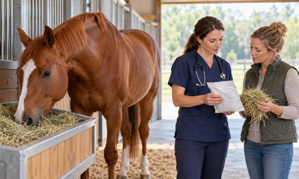 Veterinarian and owner review hay and feed beside a horse in a clean stable