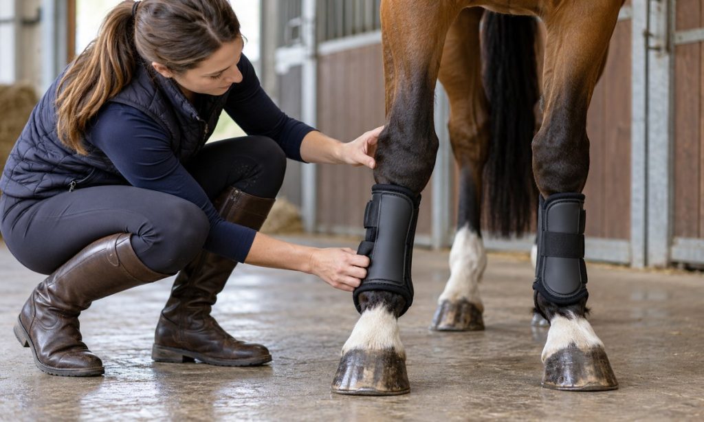 Owner checks the fit of a clean protective boot on a horse
