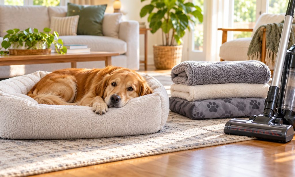 Dog resting on clean bedding beside a vacuum during household flea-cleaning routine