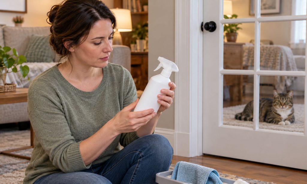 Owner checks a flea spray label while a tabby cat remains in a separate room