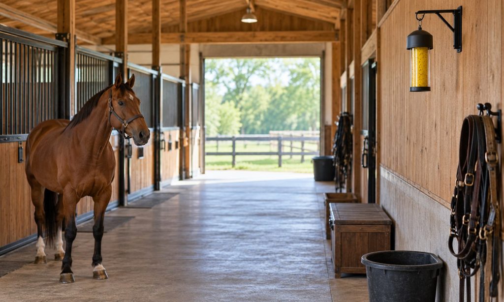 Fly trap mounted away from a horse and its feed in a barn
