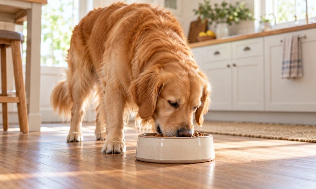 Adult Golden Retriever eating from a bowl in a bright home