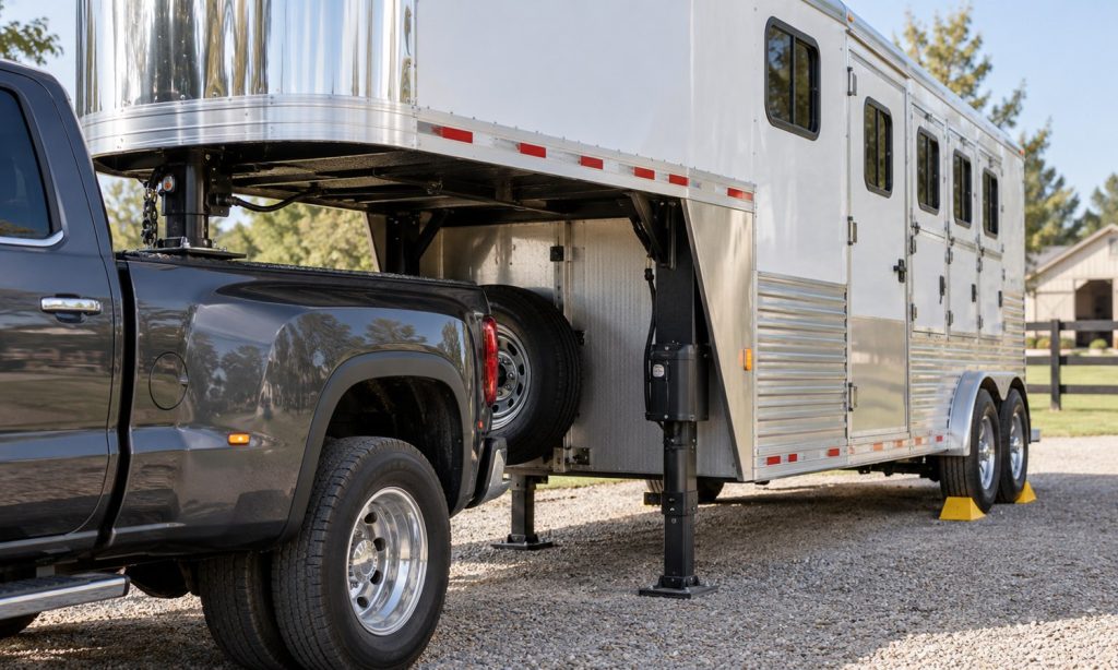 Gooseneck horse trailer parked with landing gear and wheel chocks