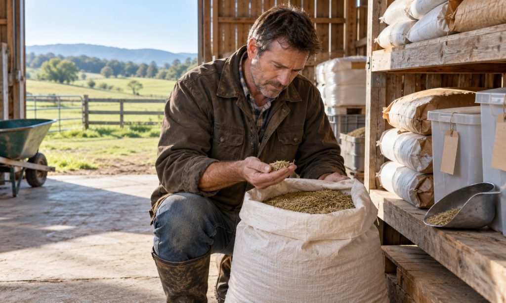 A farm owner inspects a plain bag of pasture grass seed in a dry storage area