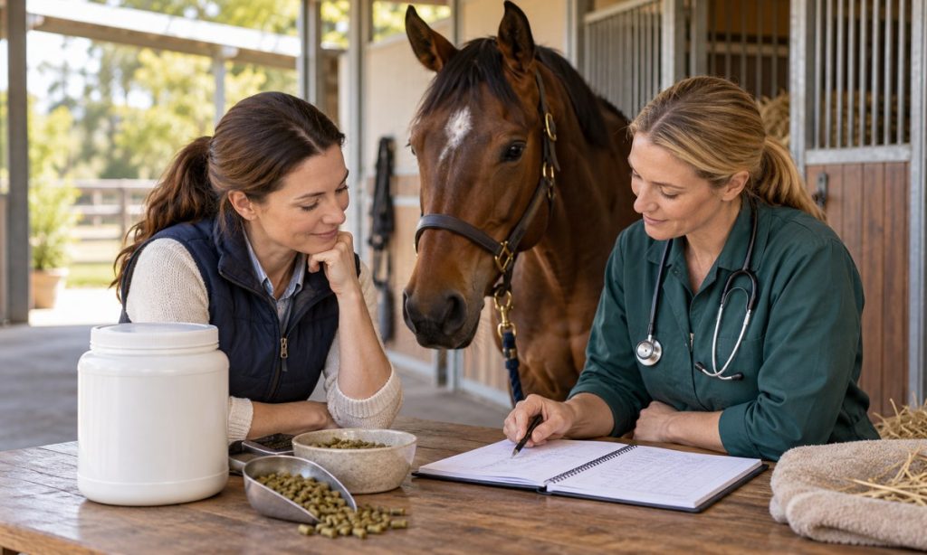 A horse owner and veterinarian review feeding and observation notes beside a calm horse