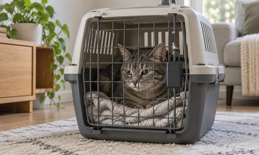 Shy gray tabby resting on a blanket inside a secure hard-shell carrier