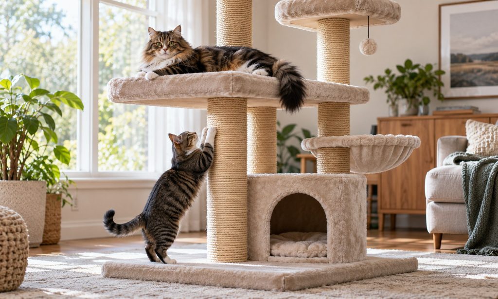 Two cats sharing a tall, sturdy cat tree with wide platforms