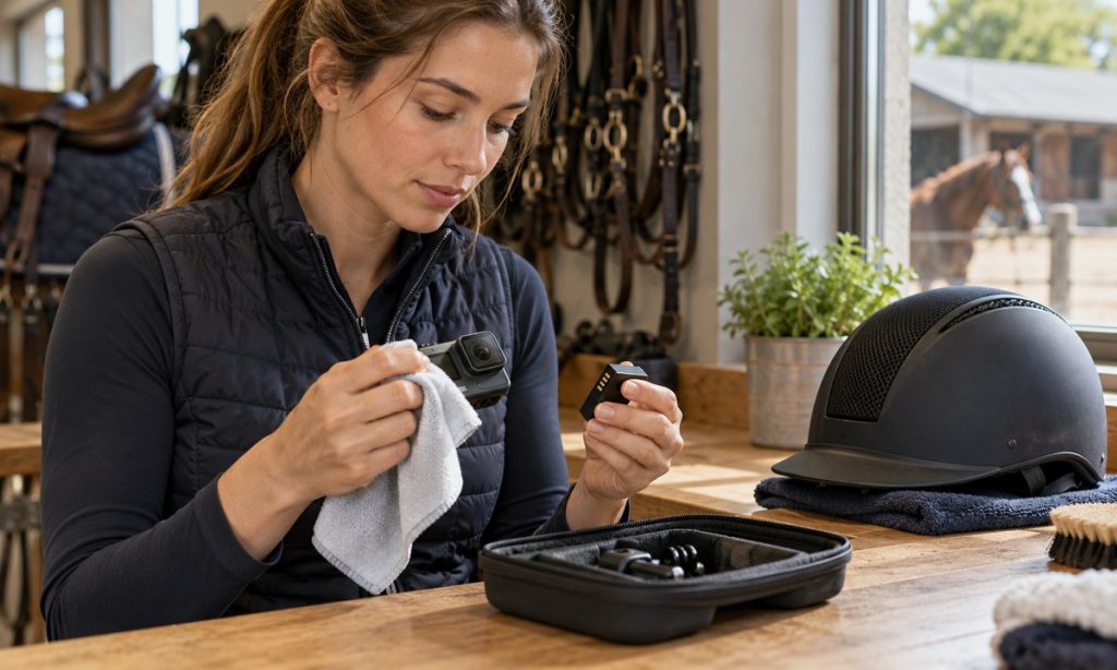 A rider cleans a compact camera at a workbench beside an equestrian helmet