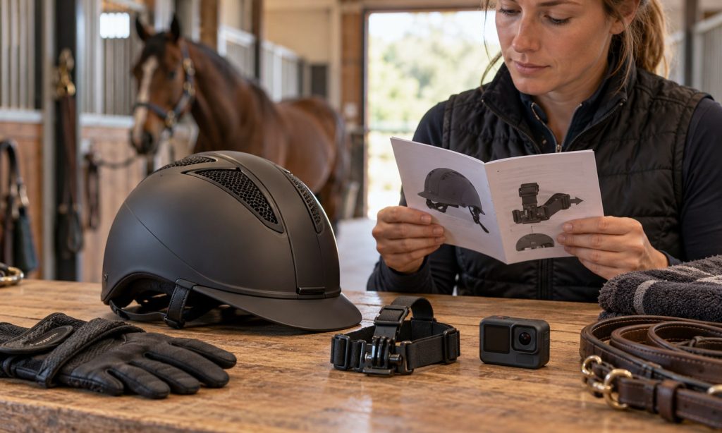 Riding helmet and camera mount placed separately while checking instructions