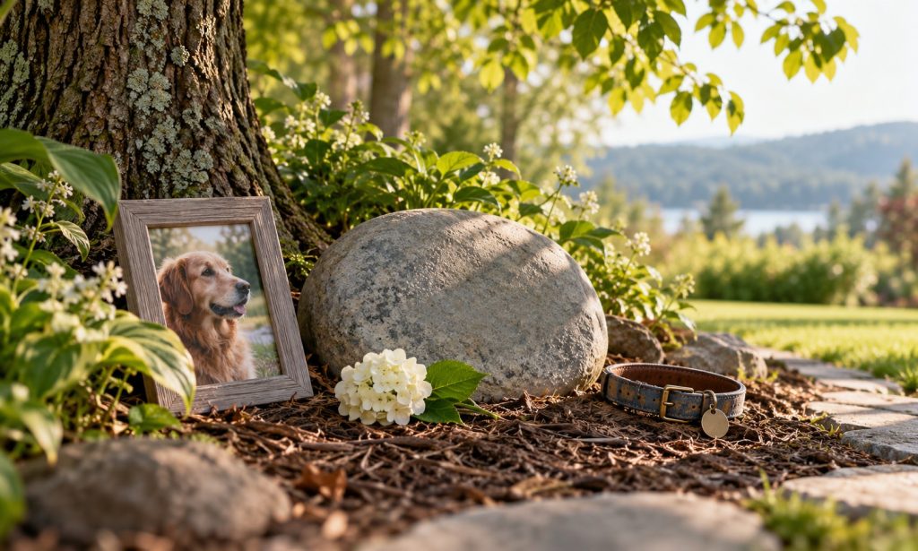 Quiet garden memorial with a pet photograph, flower, blank stone, and collar
