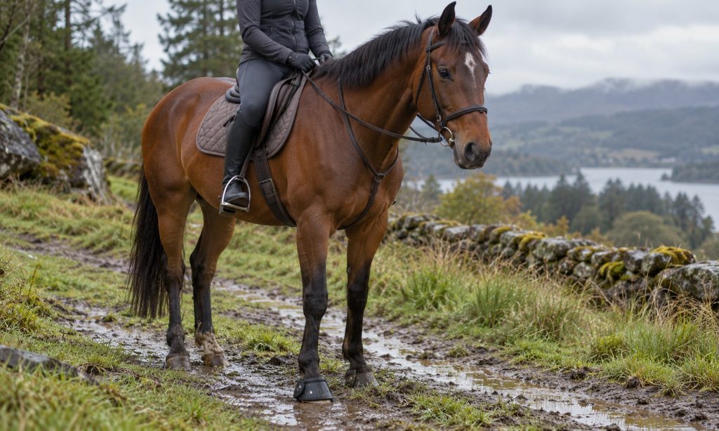 Bay horse wearing a protective hoof boot on a damp grassy trail.