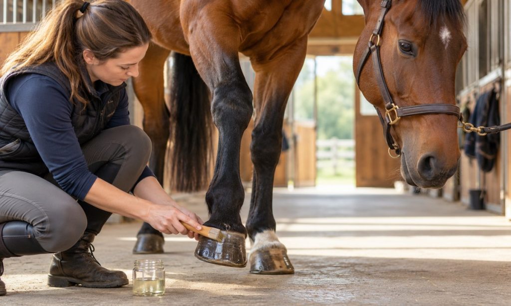 Horse caretaker applies hoof oil to a bay horse’s hoof in a stable