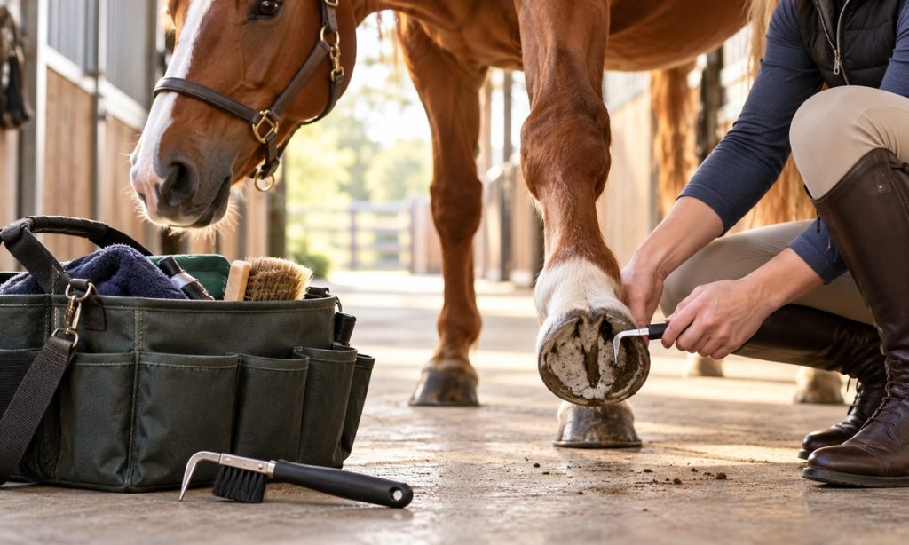 Horse being groomed with a hoof pick and brush in a stable