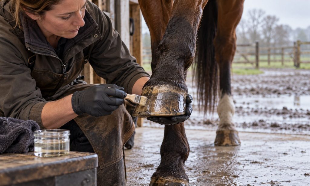 Farrier carefully brushes a clear protective hoof coating onto a clean horse hoof in a sheltered barn