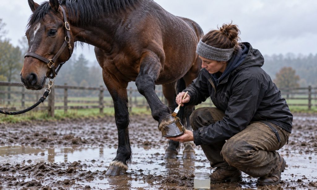 Caretaker applies a protective hoof coating to a bay horse in a muddy paddock