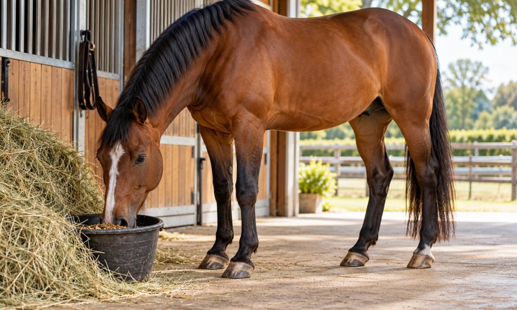 Barefoot horse standing comfortably beside a measured feed portion