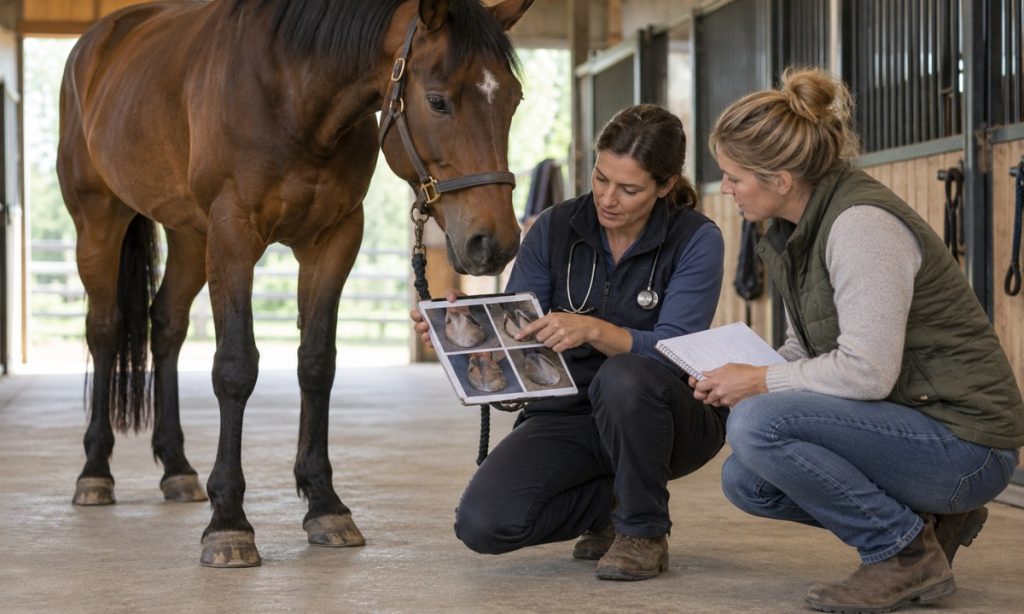 A veterinarian and owner review dated hoof photos and feeding notes beside a horse