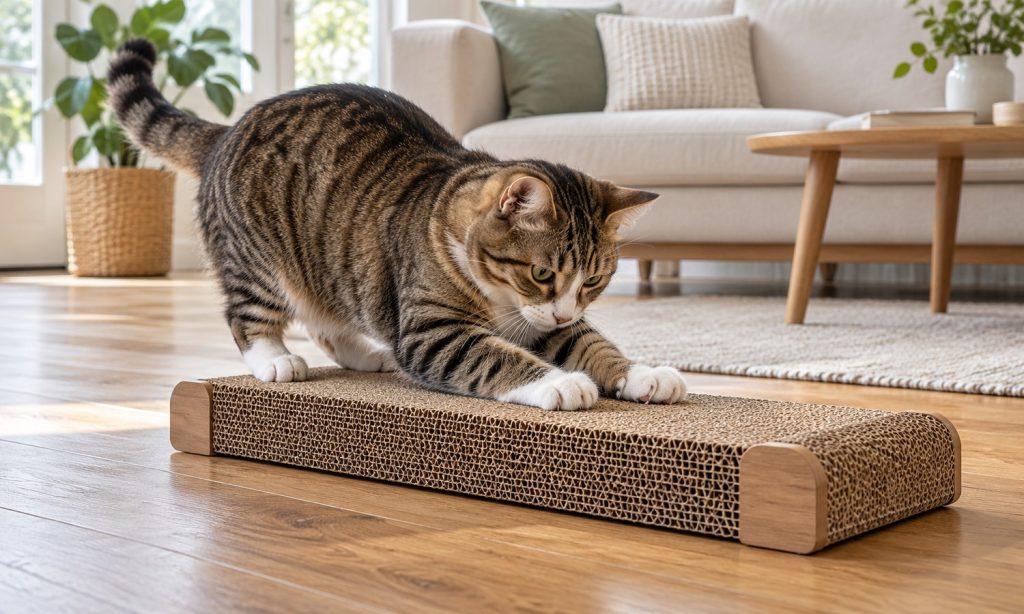 Tabby cat stretching its front paws to scratch a broad horizontal cardboard scratcher