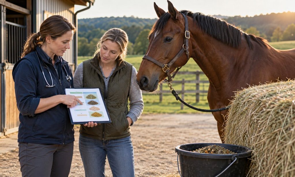 A veterinarian and owner review a horse's feeding plan together