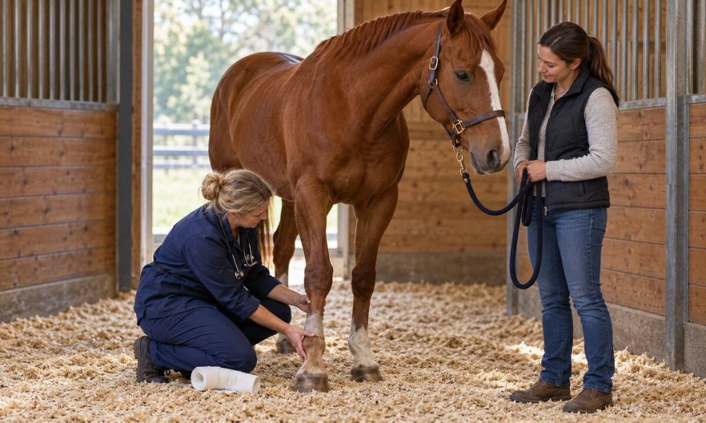 A veterinarian examines a horse's lower leg while the owner observes