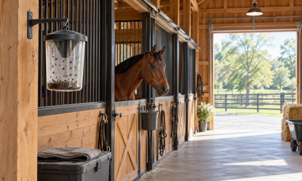 Fly trap mounted out of a horse’s reach in a clean barn aisle