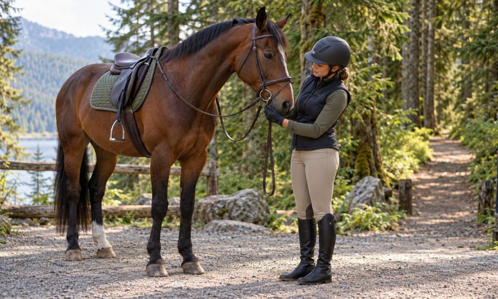 Rider checking a horse's bridle fit before a trail ride