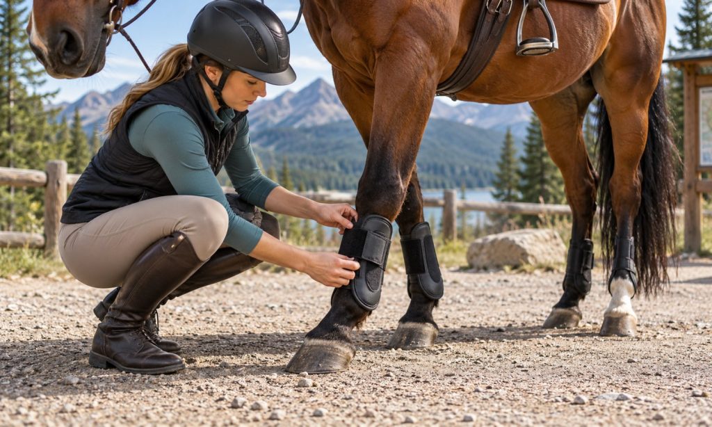 Rider checking a horse boot's fit and closure before riding