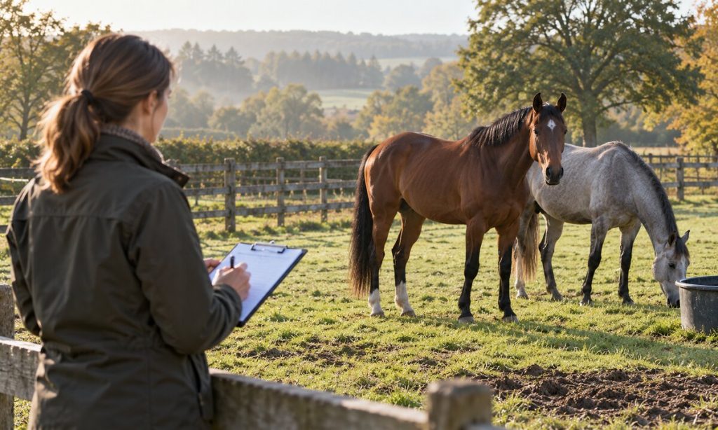 A horse owner observes two horses together in a paddock while taking notes