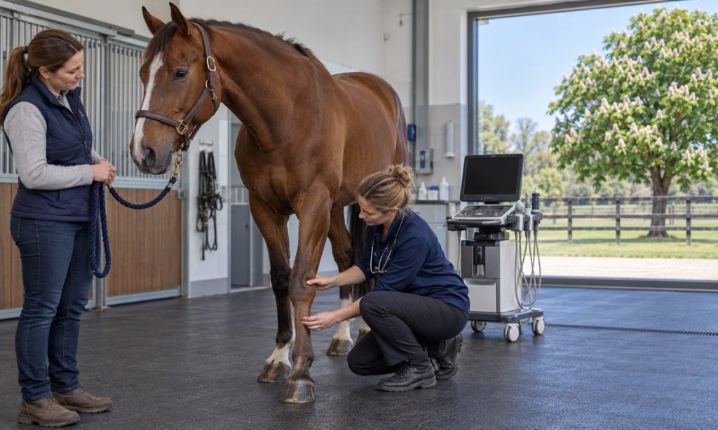 Veterinarian examining a horse's lower limb with ultrasound nearby