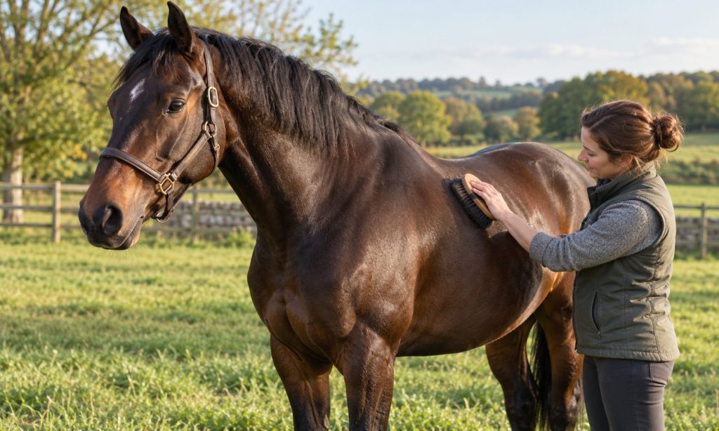 A caretaker brushes a bay horse's coat in a grassy paddock.