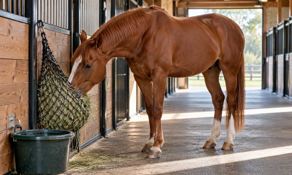 A chestnut horse eats clean hay beside a fresh water bucket.