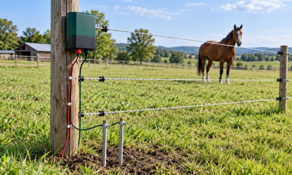 Electric fence charger and insulated wire beside a horse pasture