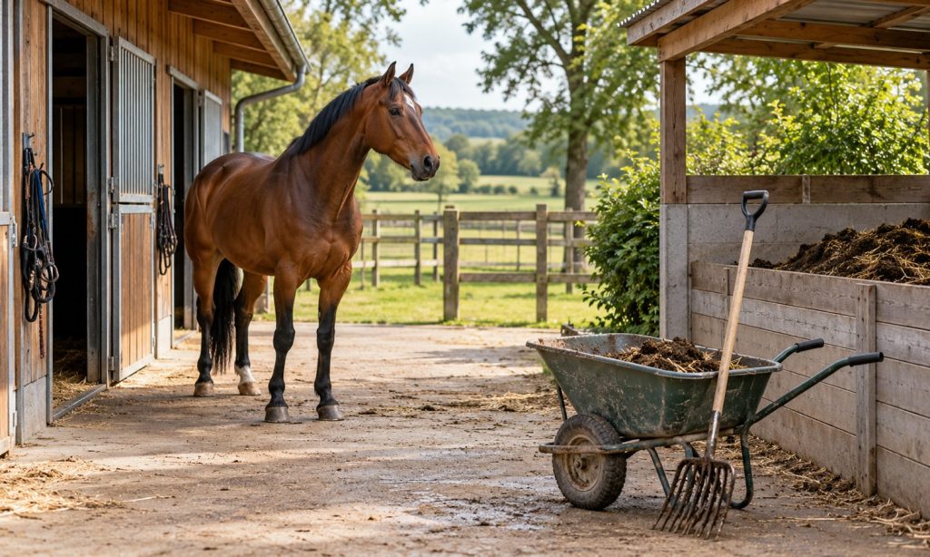 Horse beside a clean stable with a covered manure storage area