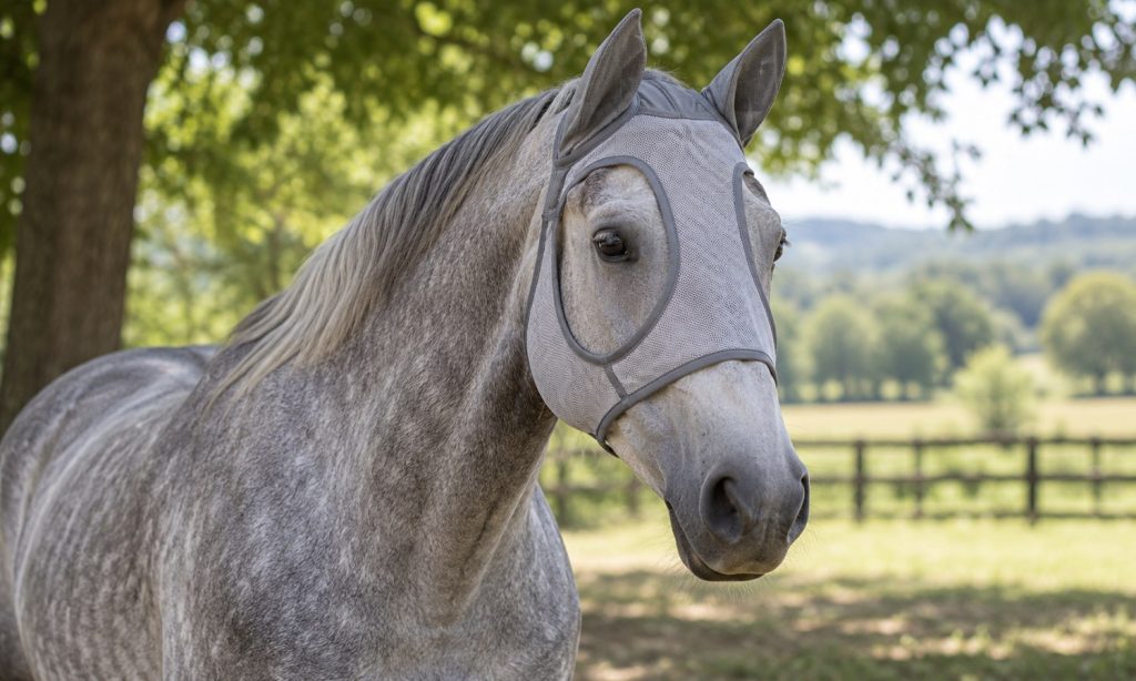Gray horse wearing a breathable mesh fly mask with clear eye space