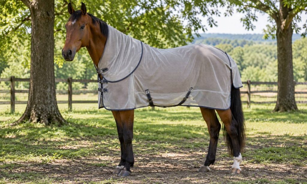 Bay horse wearing a lightweight mesh fly sheet in a shady summer paddock