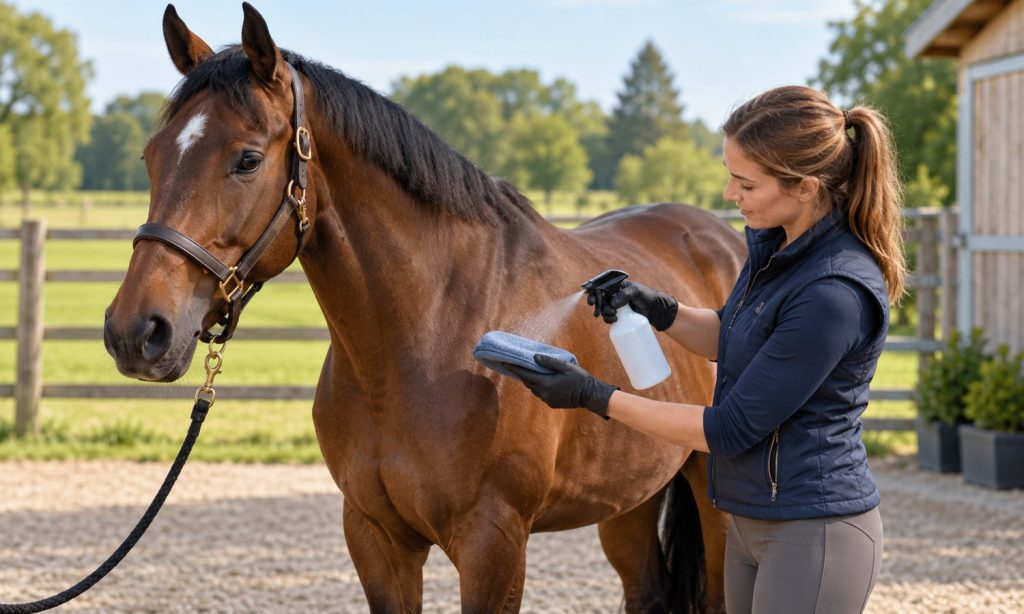 Owner applying fly spray to a cloth beside a calm horse