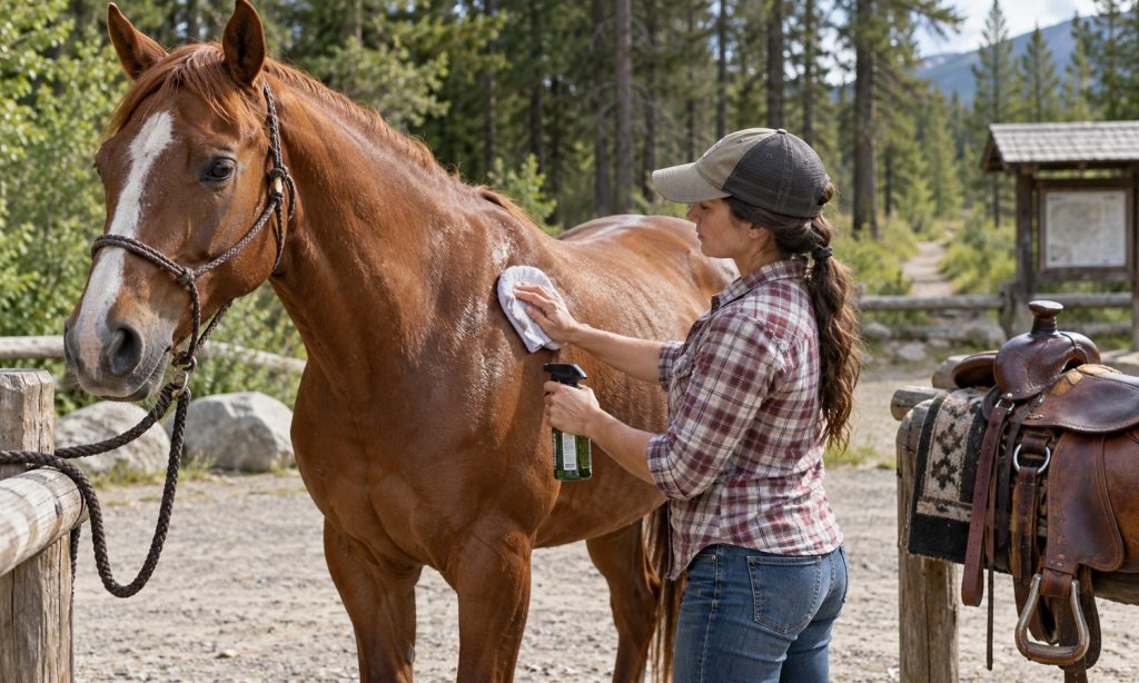 Handler applying horse fly repellent with a cloth before a trail ride