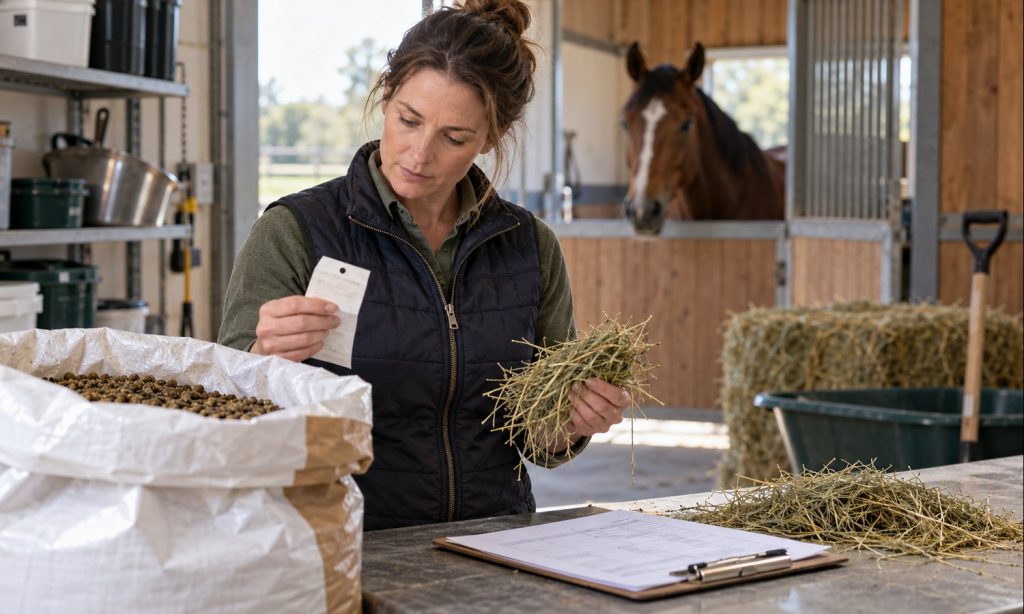 Horse owner reviewing a feed label and hay analysis beside a forage sample